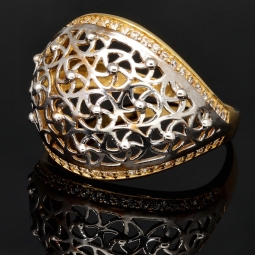 Filigranring Ornament-Ring für Damen aus edlem 585er 14K Bicolor Gold (Gelbgold und Weißgold) in Ringgröße ca. 59 - mit feinem Zirkoniabesatz