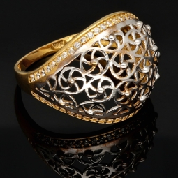 Filigranring Ornament-Ring für Damen aus edlem 585er 14K Bicolor Gold (Gelbgold und Weißgold) in Ringgröße ca. 59 - mit feinem Zirkoniabesatz