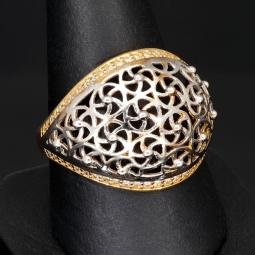 Filigranring Ornament-Ring für Damen aus edlem 585er 14K Bicolor Gold (Gelbgold und Weißgold) in Ringgröße ca. 59 - mit feinem Zirkoniabesatz
