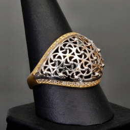 Filigranring Ornament-Ring für Damen aus edlem 585er 14K Bicolor Gold (Gelbgold und Weißgold) in Ringgröße ca. 59 - mit feinem Zirkoniabesatz