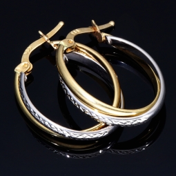 Oval geschwungene Doppel - Creolen aus edlem 14K 585 Bicolor Gold (Gelbgold und Weißgold)