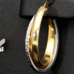 Oval geschwungene Doppel - Creolen aus edlem 14K 585 Bicolor Gold (Gelbgold und Weißgold)
