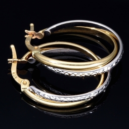 Oval geschwungene Doppel - Creolen aus edlem 14K 585 Bicolor Gold (Gelbgold und Weißgold)