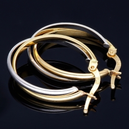 Oval geschwungene Doppel - Creolen aus edlem 14K 585 Bicolor Gold (Gelbgold und Weißgold)