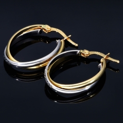 Oval geschwungene Doppel - Creolen aus edlem 14K 585 Bicolor Gold (Gelbgold und Weißgold)