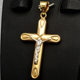 Glänzendes Jesus Kreuz - Filigran gearbeiteter Anhänger aus edlem Bicolor Gold (14k / 585 Gelbgold und Weißgold)