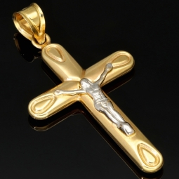 Glänzendes Jesus Kreuz - Filigran gearbeiteter Anhänger aus edlem Bicolor Gold (14k / 585 Gelbgold und Weißgold)