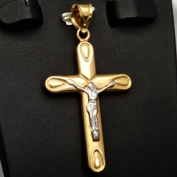 Glänzendes Jesus Kreuz - Filigran gearbeiteter Anhänger aus edlem Bicolor Gold (14k / 585 Gelbgold und Weißgold)
