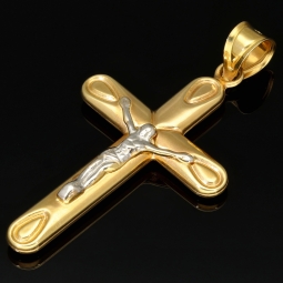 Glänzendes Jesus Kreuz - Filigran gearbeiteter Anhänger aus edlem Bicolor Gold (14k / 585 Gelbgold und Weißgold)