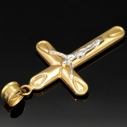 Glänzendes Jesus Kreuz - Filigran gearbeiteter Anhänger aus edlem Bicolor Gold (14k / 585 Gelbgold und Weißgold)