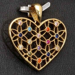 Herz-Anhänger aus Gold (14K 585 Gelbgold) in feinem Design mit leuchtenden, farbenfrohen Zirkoniabesatz