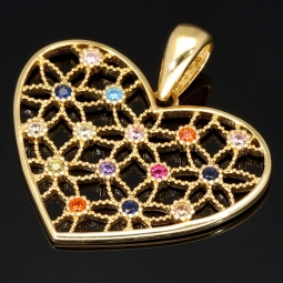 Herz-Anhänger aus Gold (14K 585 Gelbgold) in feinem Design mit leuchtenden, farbenfrohen Zirkoniabesatz