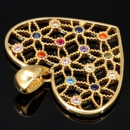 Herz-Anhänger aus Gold (14K 585 Gelbgold) in feinem Design mit leuchtenden, farbenfrohen Zirkoniabesatz