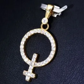 Anhänger in Form des Symbols für Weiblichkeit (Female, Mädchen, Frau, weiblich) mit Zirkoniabesatz aus 585er 14K Gold