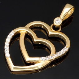 Verschlungene Herzen aus Gold - Herz-Anhänger aus edlem 585 / 14K Gelbgold mit Zirkoniabesatz