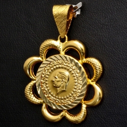 Osmanischer, türkischer Kurush-Anhänger (Çeyrek Cumhuriyet) mit der Darstellung Kemal Atatürk, mit feinen Details, hochwertigem Gold (14K 585 Gelbgold)