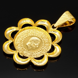 Osmanischer, türkischer Kurush-Anhänger (Çeyrek Cumhuriyet) mit der Darstellung Kemal Atatürk, mit feinen Details, hochwertigem Gold (14K 585 Gelbgold)
