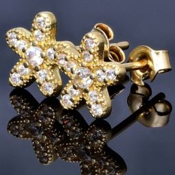 Edle Blumen-Ohrstecker in Blütenform (585er 14K) mit feinem, leuchtendem Zirkoniabesatz