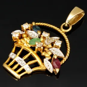 Blumentopf-Anhänger aus 333er 8k Bicolor Gold (Gelb- und Weißgold) mit detailreichem Dekor und in feinster Präzision Zirkonia besetzt