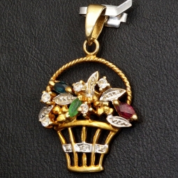 Blumentopf-Anhänger aus 333er 8k Bicolor Gold (Gelb- und Weißgold) mit detailreichem Dekor und in feinster Präzision Zirkonia besetzt