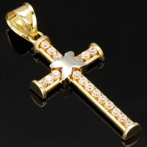 Exquisiter Kreuz-Anhänger in außergewöhnlichem Bicolor-Design aus hochwertigem Gold (14k / 585 Gelbgold und Weißgold) mit Zirkoniabesatz