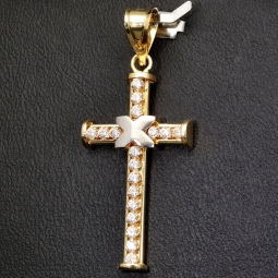 Exquisiter Kreuz-Anhänger in außergewöhnlichem Bicolor-Design aus hochwertigem Gold (14k / 585 Gelbgold und Weißgold) mit Zirkoniabesatz