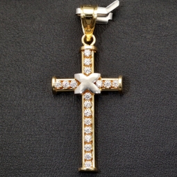 Exquisiter Kreuz-Anhänger in außergewöhnlichem Bicolor-Design aus hochwertigem Gold (14k / 585 Gelbgold und Weißgold) mit Zirkoniabesatz