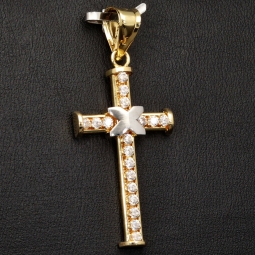 Exquisiter Kreuz-Anhänger in außergewöhnlichem Bicolor-Design aus hochwertigem Gold (14k / 585 Gelbgold und Weißgold) mit Zirkoniabesatz