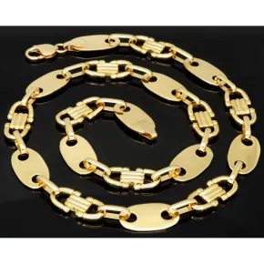 Exklusiver Mix aus Plattenkette / Plättchenkette und Steigbügelkette aus funkelndem 585er 14 Karat Gold (Gelbgold) (ca. 65cm, in eindrucksvoller Breite von von 14mm)