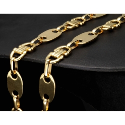 Exklusiver Mix aus Plattenkette / Plättchenkette und Steigbügelkette aus funkelndem 585er 14 Karat Gold (Gelbgold) (ca. 65cm, in eindrucksvoller Breite von von 14mm)