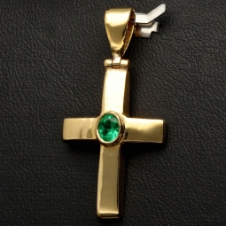 Smaragdkreuz - Anhänger aus exquisitem 18K 750 Gold mit einem eingefassten, hell leuchtenden, grasgrünen Smaragd im Ovalschliff (ca. 0,27 ct.)