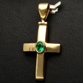 Smaragdkreuz - Anhänger aus exquisitem 18K 750 Gold mit einem eingefassten, hell leuchtenden, grasgrünen Smaragd im Ovalschliff (ca. 0,27 ct.)