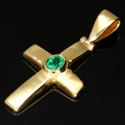 Smaragdkreuz - Anhänger aus exquisitem 18K 750 Gold mit einem eingefassten, hell leuchtenden, grasgrünen Smaragd im Ovalschliff (ca. 0,27 ct.)