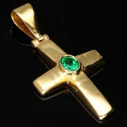 Smaragdkreuz - Anhänger aus exquisitem 18K 750 Gold mit einem eingefassten, hell leuchtenden, grasgrünen Smaragd im Ovalschliff (ca. 0,27 ct.)