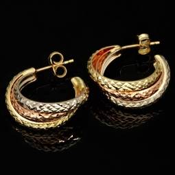14 Karat (585) Tricolor Gold-Creolen mit edel facettierter Struktur (Gelbgold, Roségold und Weißgold)