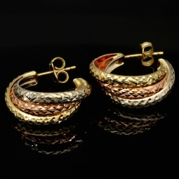 14 Karat (585) Tricolor Gold-Creolen mit edel facettierter Struktur (Gelbgold, Roségold und Weißgold)