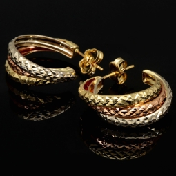 14 Karat (585) Tricolor Gold-Creolen mit edel facettierter Struktur (Gelbgold, Roségold und Weißgold)
