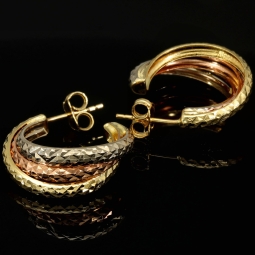 14 Karat (585) Tricolor Gold-Creolen mit edel facettierter Struktur (Gelbgold, Roségold und Weißgold)