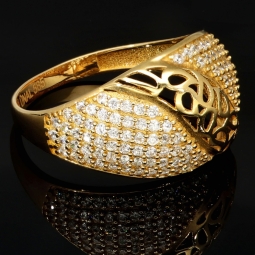 Kunstvoll designter Ring für Damen aus hochwertigem Gold (14K 585 Gelbgold) besetzt mit vielen fein gefassten, funkelnden Zirkonia RG ca. 55