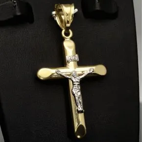 Feiner Kruzifix-Anhänger mit Jesus Christus aus hochwertigem 14K 585er Bicolor Gold (Gelbgold und Weißgold)