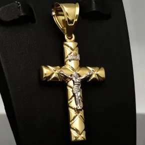 Glänzender Jesus Kreuz Anhänger aus edlem Bicolor 14K 585 Gold (Gelbgold und Weißgold)