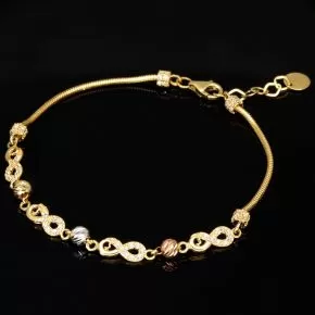 Infinity-Armband aus hochwertigem 585er Gold, 14 Karat, mit funkelnden Unendlichkeitsmotiven, Goldkügelchen in Tricolor (Gelbgold, Weißgold und Roségold) und verstellbarer Länge von 17,5 bis 19 cm