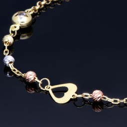 Verspieltes Tricolor Herz - Armband aus 585 14K Gold in (ca. 17 - 19,5 cm Länge verstellbar)