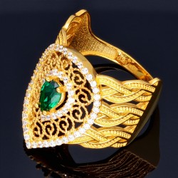 Wunderschöner breiter Ring aus 14K 585 Gelbgold mit filigranem Muster, besetzt mit einem funkelnden, dunkelgrünen Zirkoniastein in RG 56