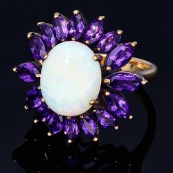 Wunderschöner Ring für Damen aus Gold (585 14K) im Design einer Blume in RG 54 - 55 mit 16 funkelnden Amethysten und einem großen Opal bestückt