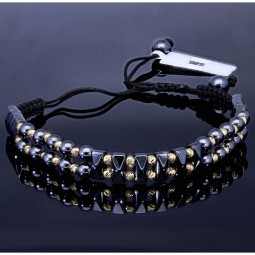 Trendiges Kugel Zug-Armband mit Perlen aus hochwertigem Gold in 585 / 14K und glänzenden, grauschwarzen Beads