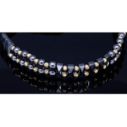 Trendiges Kugel Zug-Armband mit Perlen aus hochwertigem Gold in 585 / 14K und glänzenden, grauschwarzen Beads