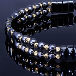 Trendiges Kugel Zug-Armband mit Perlen aus hochwertigem Gold in 585 / 14K und glänzenden, grauschwarzen Beads
