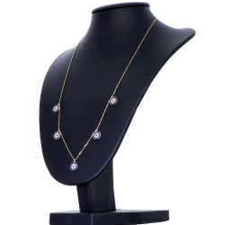 Hauchdünne, elegante Damen - Halskette mit 5 Zirkonia besetzten Nazaraugen bestückt in 14K / 585 Gold