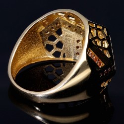 Prunkvoller Ring für Damen in futuristischem Design und weinroten Zirkoniasteinen in 585 14K Gelbgold in Ringgröße ca. 57